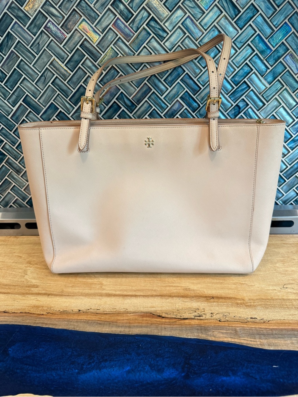 Tory Burch Blush Leather Double-Handle Tote with Gold Logo